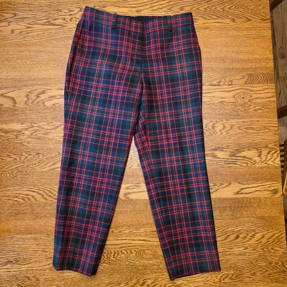 J. Crew Plaid 100% Wool lined Trousers Womens Size 28 Red Green Christmas Career - Picture 2 of 12